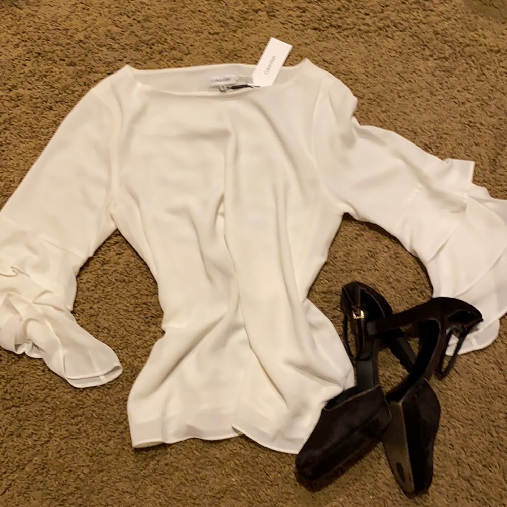 NWT Calvin Klein Off-White Lined Crepe Blouse Cascading Ruffle 3/4 Sleeves Med